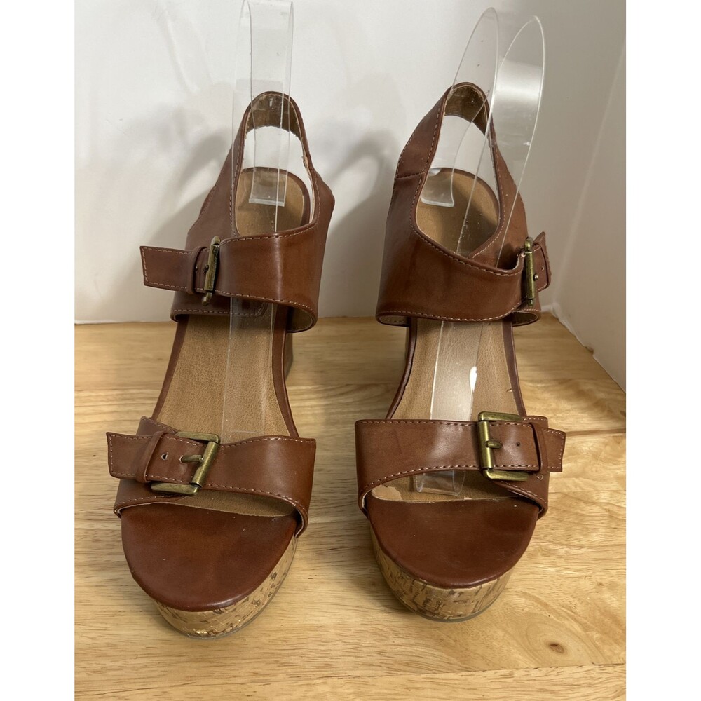 MOSSIMO SUPPLY Co Brown Ankle Strap Tall Sandal Wedges Shoes Size 9